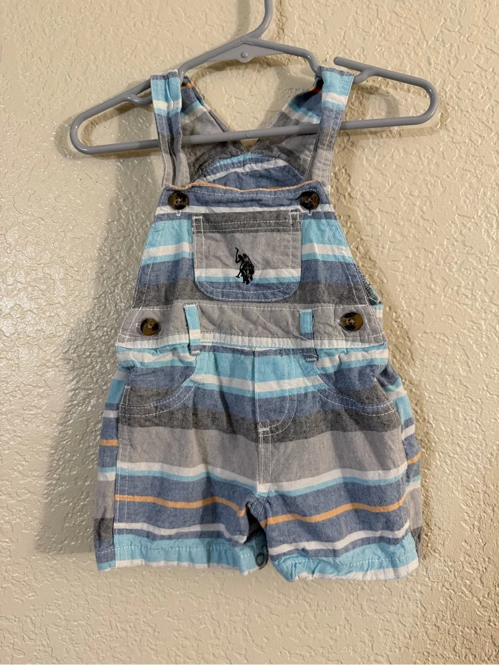 U.S. Polo Assn. Blue & Gray Striped Baby Short Overalls